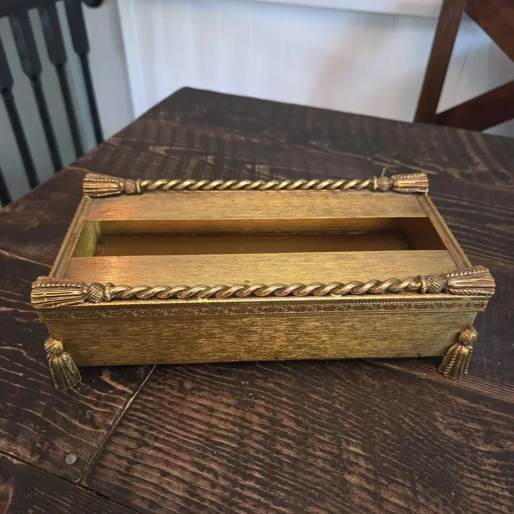 Vintage Metal Hollywood Regency Gold Rope & Tassel Tissue Box Holder Cover